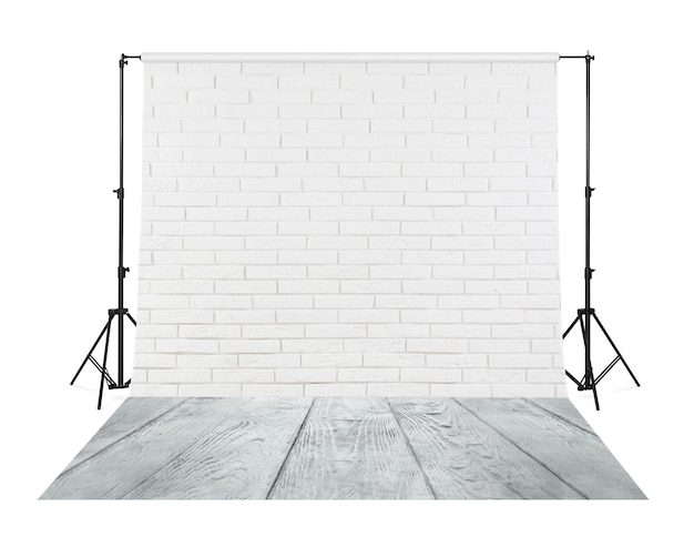 Fondo fotográfico con pared de ladrillo blanco y piso de madera Equipo de estudio profesional