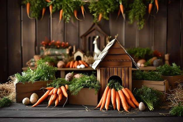 Foto fondo fotográfico de tema de primavera con veranda blanca y marrón y cajas llenas de zanahorias