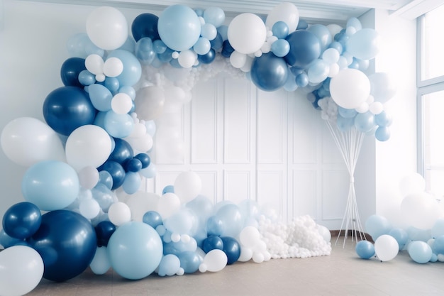 Fondo de fotozona de globos blancos y azules con bolas