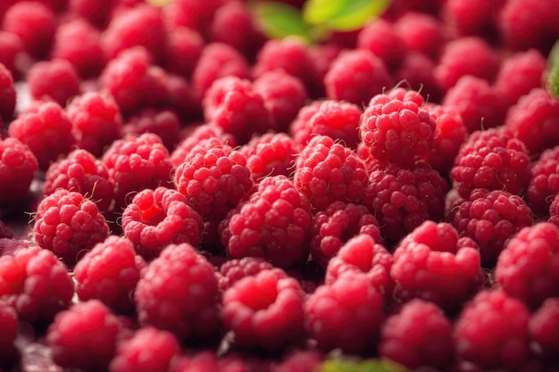 Fondo de frambuesas rojas dulces frescas dispuestas juntas que representan el concepto de dieta saludable