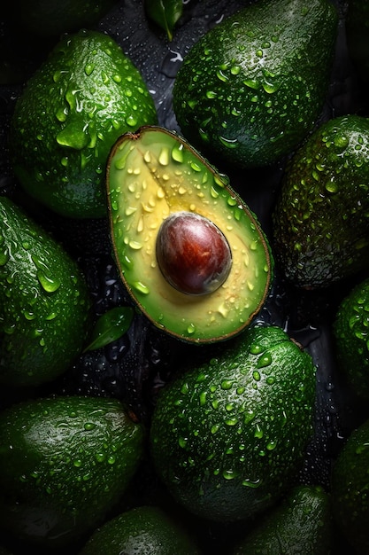 Un fondo fresco de aguacate sin costuras adornado con brillantes gotas de agua