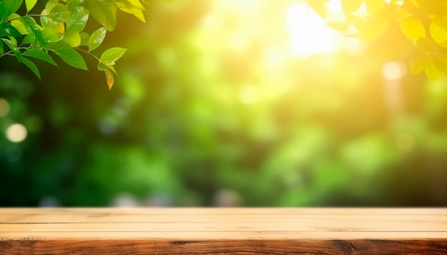 Fondo fresco de verano de hojas y mesa de madera.