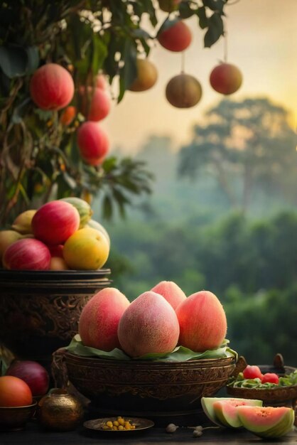 Foto fondo de la fruta del melón en una mesa de madera generativo ai