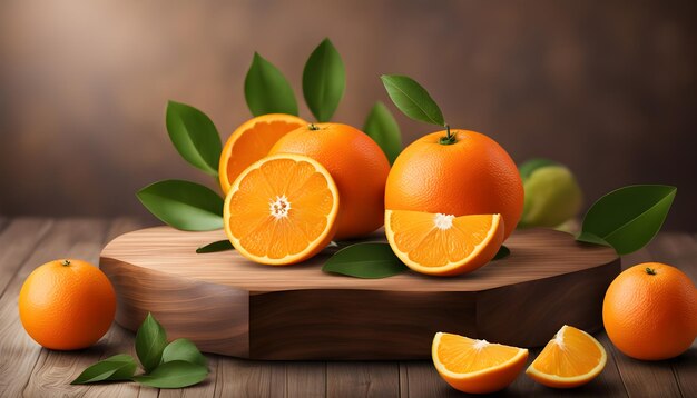 Foto fondo de fruta naranja con banner de infografías de fotografía de producto con base de madera y redes sociales