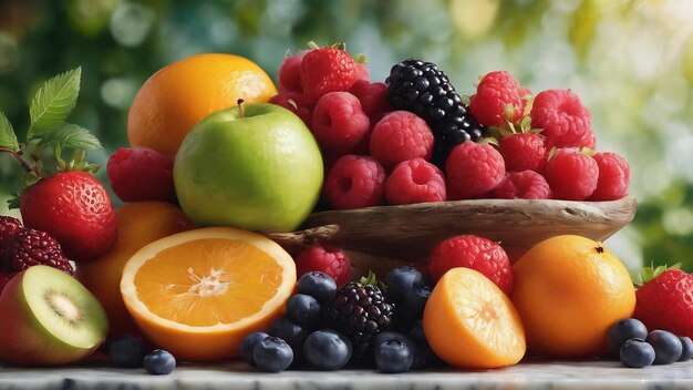 Fondo de frutas y bayas en una mesa de mármol