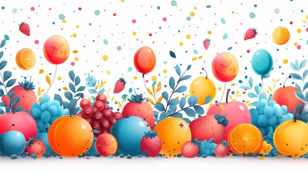 fondo con frutas coloridas y globos