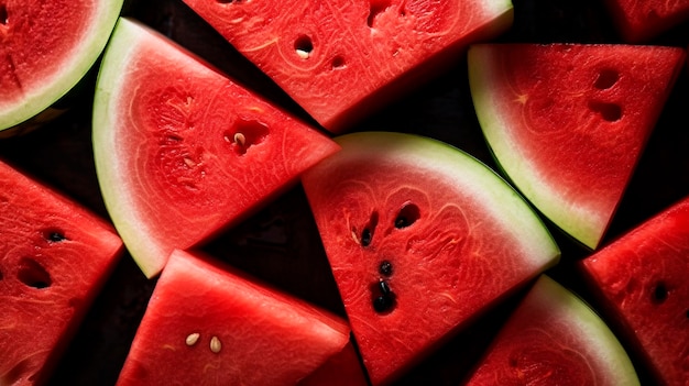 Fondo de frutas cortadas en rodajas de sandía fresca IA generativa