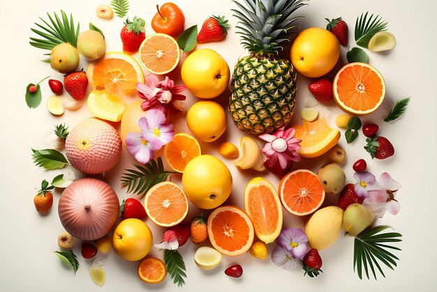 Fondo de frutas tropicales exóticas Ilustración 3D de IA generativa