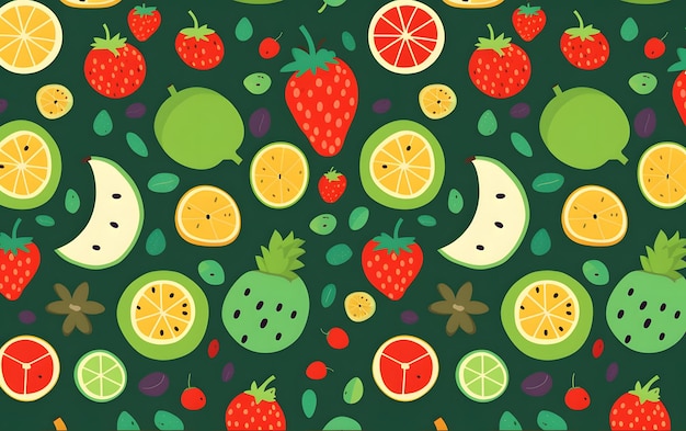 Un fondo de frutas y verduras con un fondo verde.