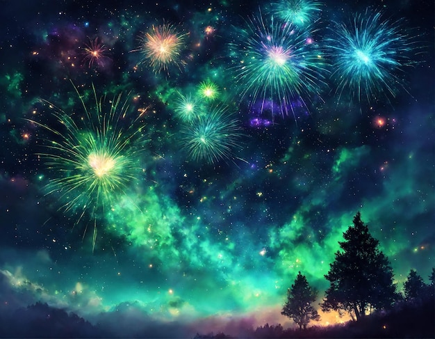 Fondo de fuegos artificiales de vacaciones verdes con chispas estrellas de colores y nebulosa brillante en el universo negro del cielo nocturno belleza increíble exhibición de fuegos artificiosos de colores en la celebración que muestra fondos de vacaciones