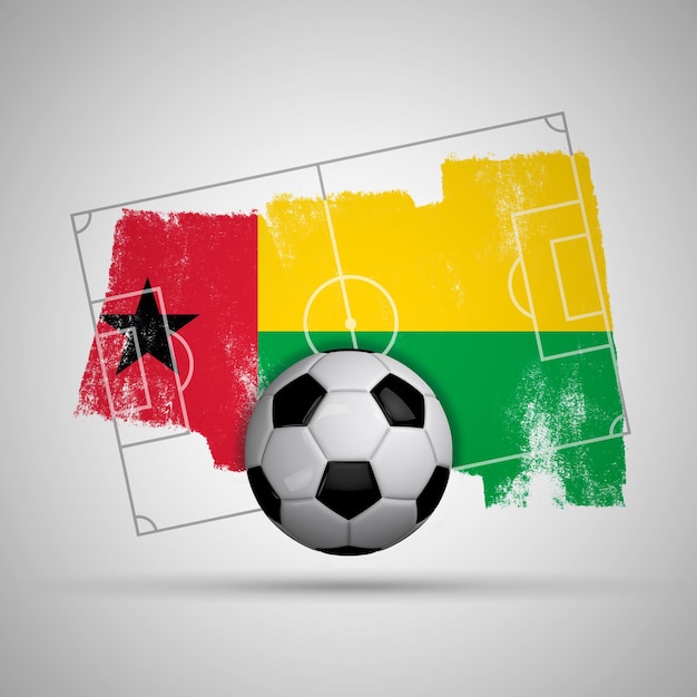 Fondo de fútbol de bandera de Guinea Bissau con campo de fútbol de bandera grunge y pelota de fútbol