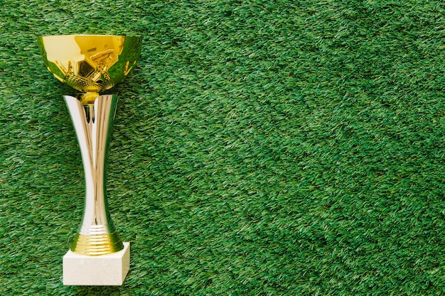 Fondo de fútbol en césped con trofeo y copyspace