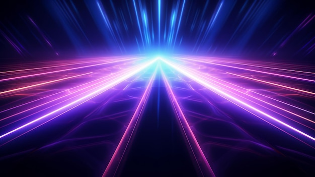Fondo futurista abstracto con líneas de onda de alta velocidad en movimiento de neón púrpura y azul brillante AI generativo