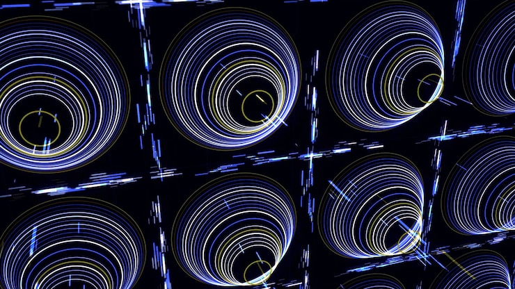 Foto fondo futurista abstracto con pirámides esquemáticas brillantes de muchos círculos y rayos rectos de