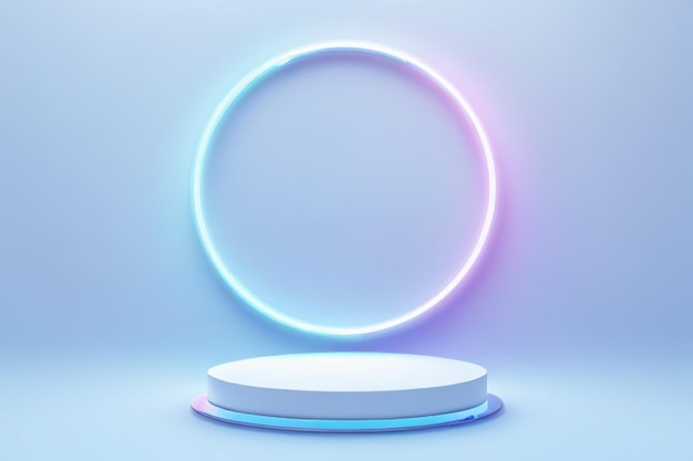 Fondo futurista azul 3D con podio de pedestal cilíndrico Anillo circular de luz de neón en la pared