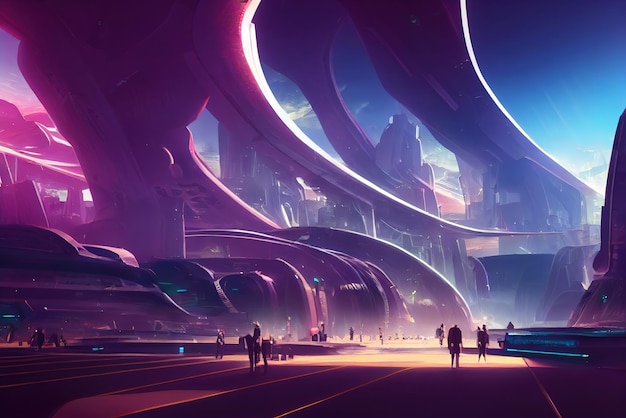 Fondo futurista colorido de la ciudad del metaverso de Cyberpunk Arte conceptual Pintura digital