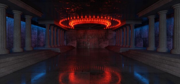 Fondo futurista Luces LED rojas Hangar Corredor futurista Podium futurista Sala de exposiciones Hangar de hormigón para su diseño iluminado por reflectores Garage renderización 3D
