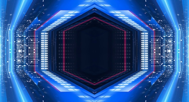 Fondo futurista oscuro abstracto Los rayos de luz de neón azul se reflejan en el agua