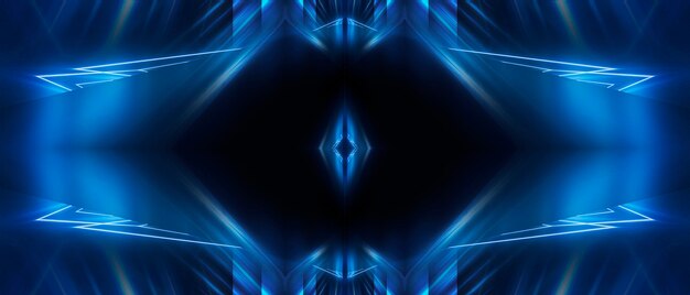 Fondo futurista oscuro abstracto Los rayos de luz de neón azul se reflejan en el agua