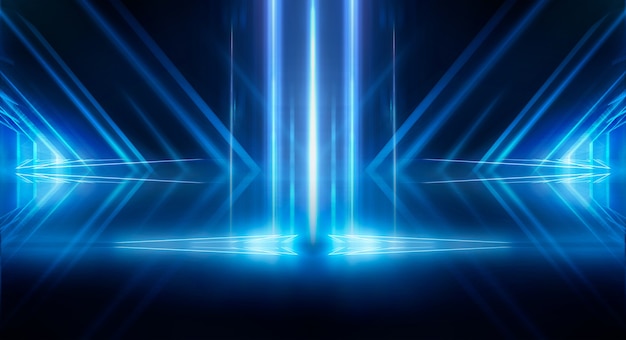 Fondo futurista oscuro abstracto Los rayos de luz de neón azul se reflejan en el agua