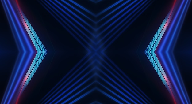 Fondo futurista oscuro abstracto Los rayos de luz de neón azul se reflejan en el agua