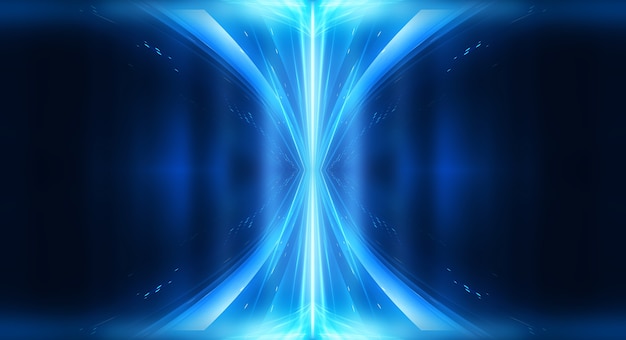 Fondo futurista oscuro abstracto Los rayos de luz de neón azul se reflejan en el agua