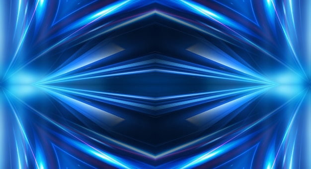 Fondo futurista oscuro abstracto Los rayos de luz de neón azul se reflejan en el agua