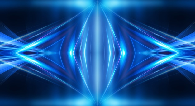 Fondo futurista oscuro abstracto Los rayos de luz de neón azul se reflejan en el agua
