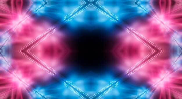 Fondo futurista oscuro abstracto Los rayos de luz de neón azul se reflejan en el agua