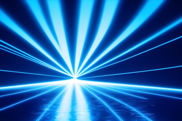 Fondo futurista oscuro abstracto Los rayos de luz de neón azul se reflejan en el agua