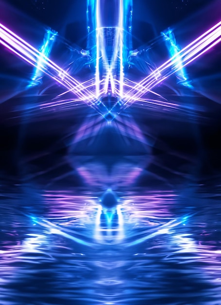 Fondo futurista oscuro abstracto Los rayos de luz de neón azul se reflejan en el agua