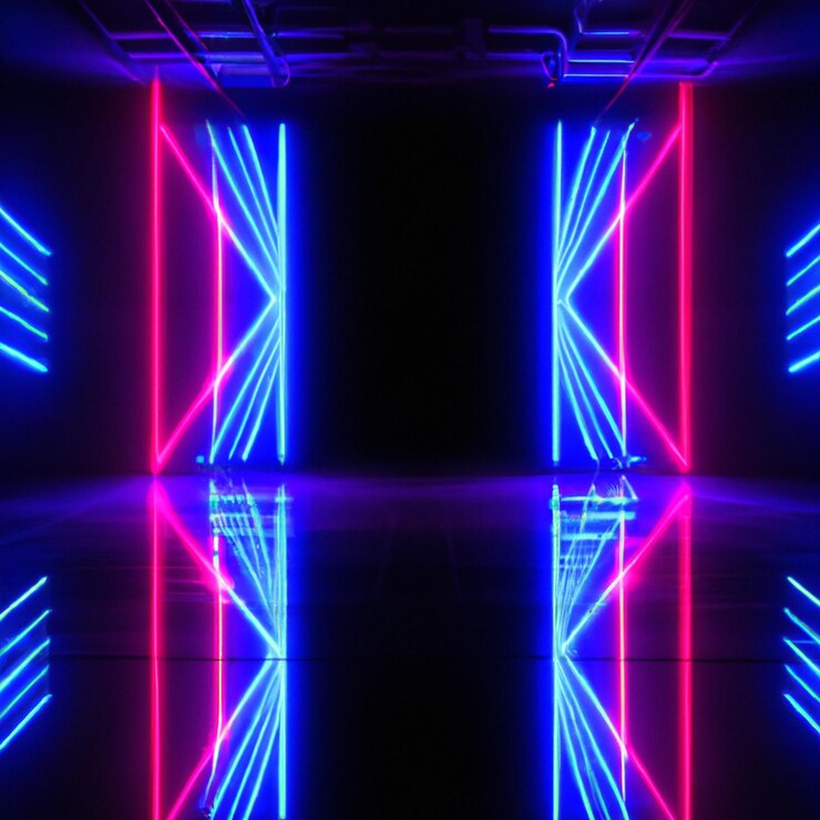 Fondo futurista oscuro abstracto Los rayos de luz de neón azul reflejan
