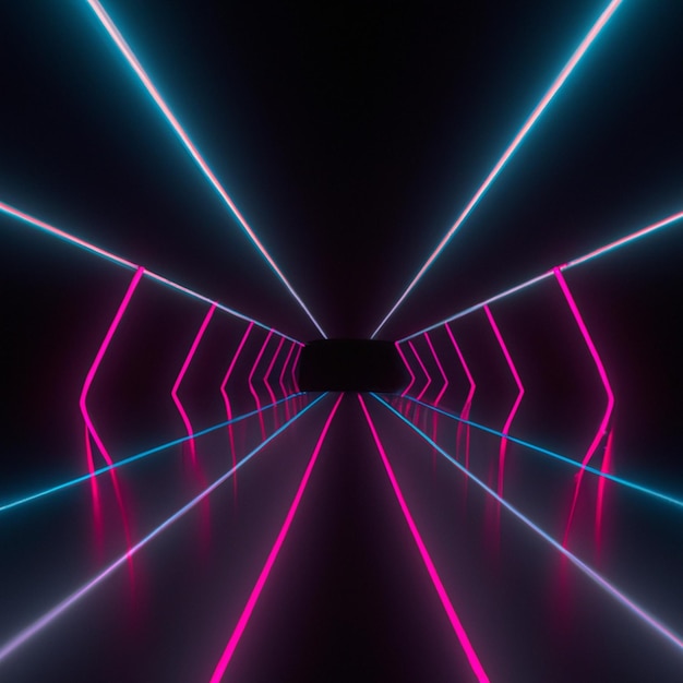 Fondo futurista oscuro abstracto Los rayos de luz de neón azul reflejan