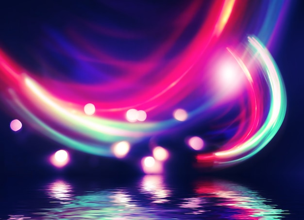 Fondo futurista oscuro abstracto Los rayos de luz de neón ultravioleta se reflejan en el agua