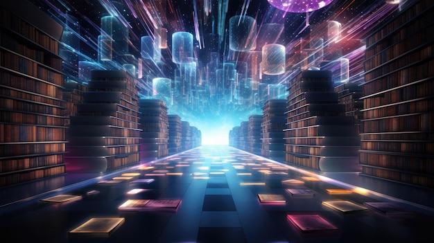 un fondo futurista que ilustra una biblioteca holográfica avanzada