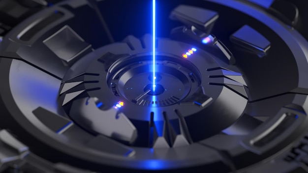 Fondo futurista tecnológico digital El láser brilla desde una ilustración 3D del mecanismo de ciencia ficción de metal