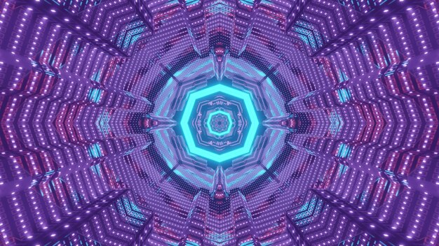 Fondo futurista visual abstracto colorido de la ilustración 3d del túnel virtual con diseño geométrico octogonal e iluminación de neón brillante