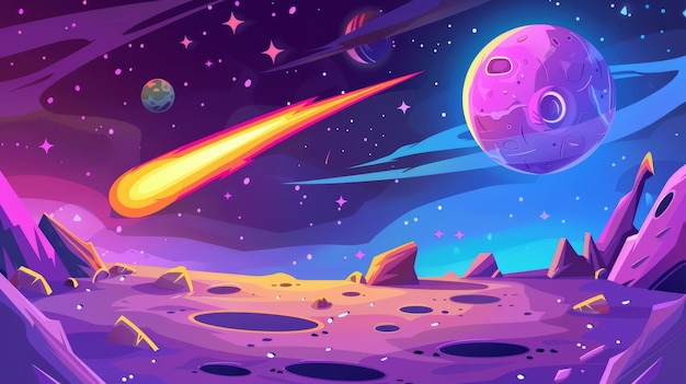 Un fondo galáctico con planetas, estrellas y meteoros en el espacio exterior Un paisaje de planeta o luna alienígena con cráteres y cometas en el cielo nocturno Ilustración moderna