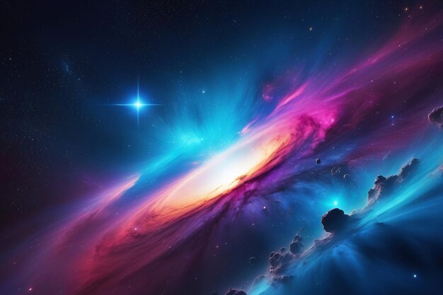 Foto fondo de una galaxia cósmica con rayos de luz estelar brillante sobre la superficie del planeta