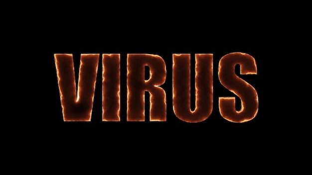Fondo generado por computadora con el virus de la pancarta en llamas Representación 3d de un marco de texto ardiente