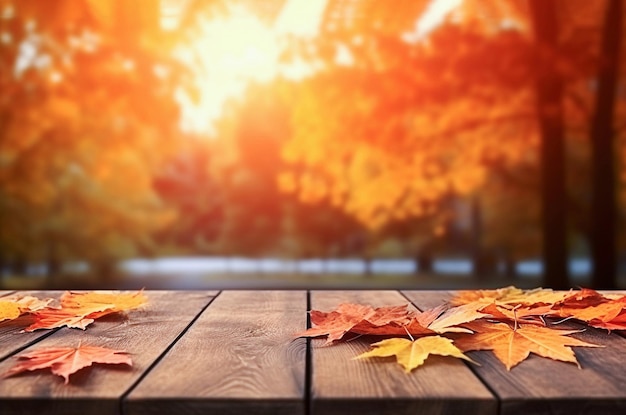 Fondo generativo AI del bosque otoñal y la mesa de cubierta de madera vieja