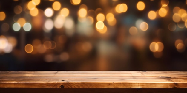 Fondo generativo de IA Imagen de una mesa de madera frente a luces abstractas y borrosas del restaurante