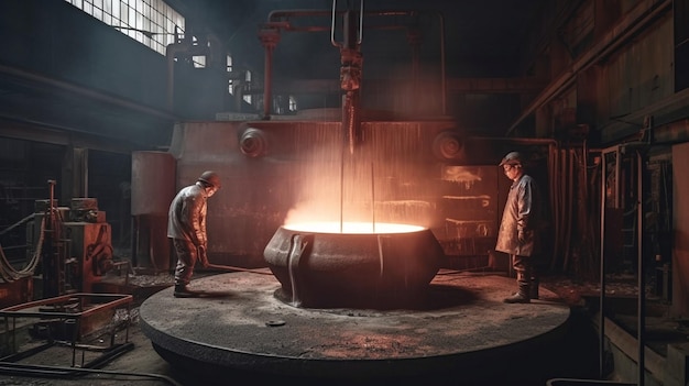 Foto fondo generativo de la industria pesada de ia y trabajadores en una fábrica con moldes de fundición de metal en una acería metalúrgica