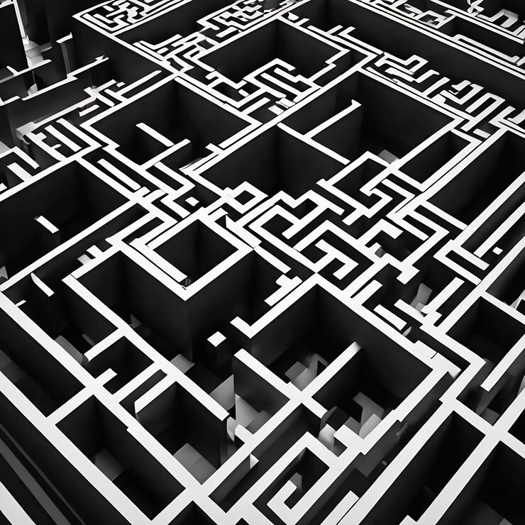 Foto fondo de geometría mínima monocromática oscura con laberinto