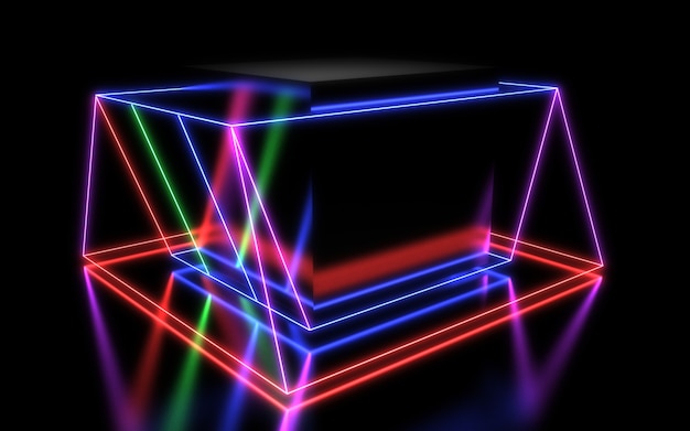 Fondo geométrico abstracto 3D con luces de neón. Ilustración 3d