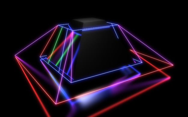 Fondo geométrico abstracto 3D con luces de neón. Ilustración 3d