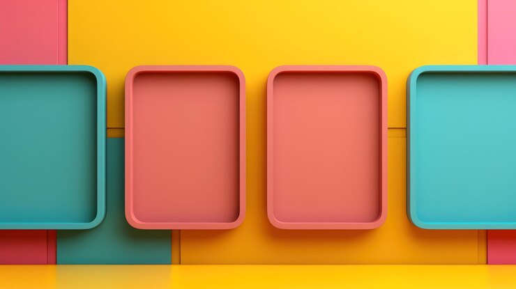 Fondo geométrico abstracto de colores brillantes con bandejas rectangulares vacías y un patrón vibrante