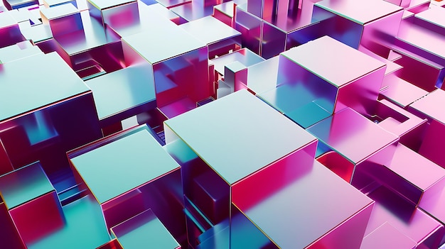 Fondo geométrico abstracto con cubos brillantes en azul rosa y púrpura