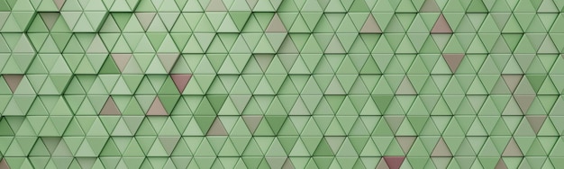 Fondo geométrico abstracto con triángulos y hexágonos verdes y rosados. Ilustración 3D.