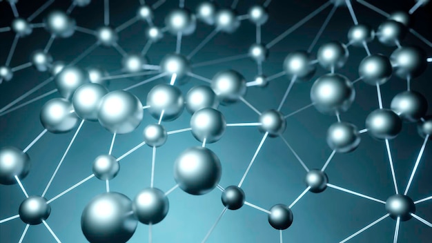 Fondo geométrico de esferas en movimiento lento conectadas por líneas de diseño ondulado abstracto